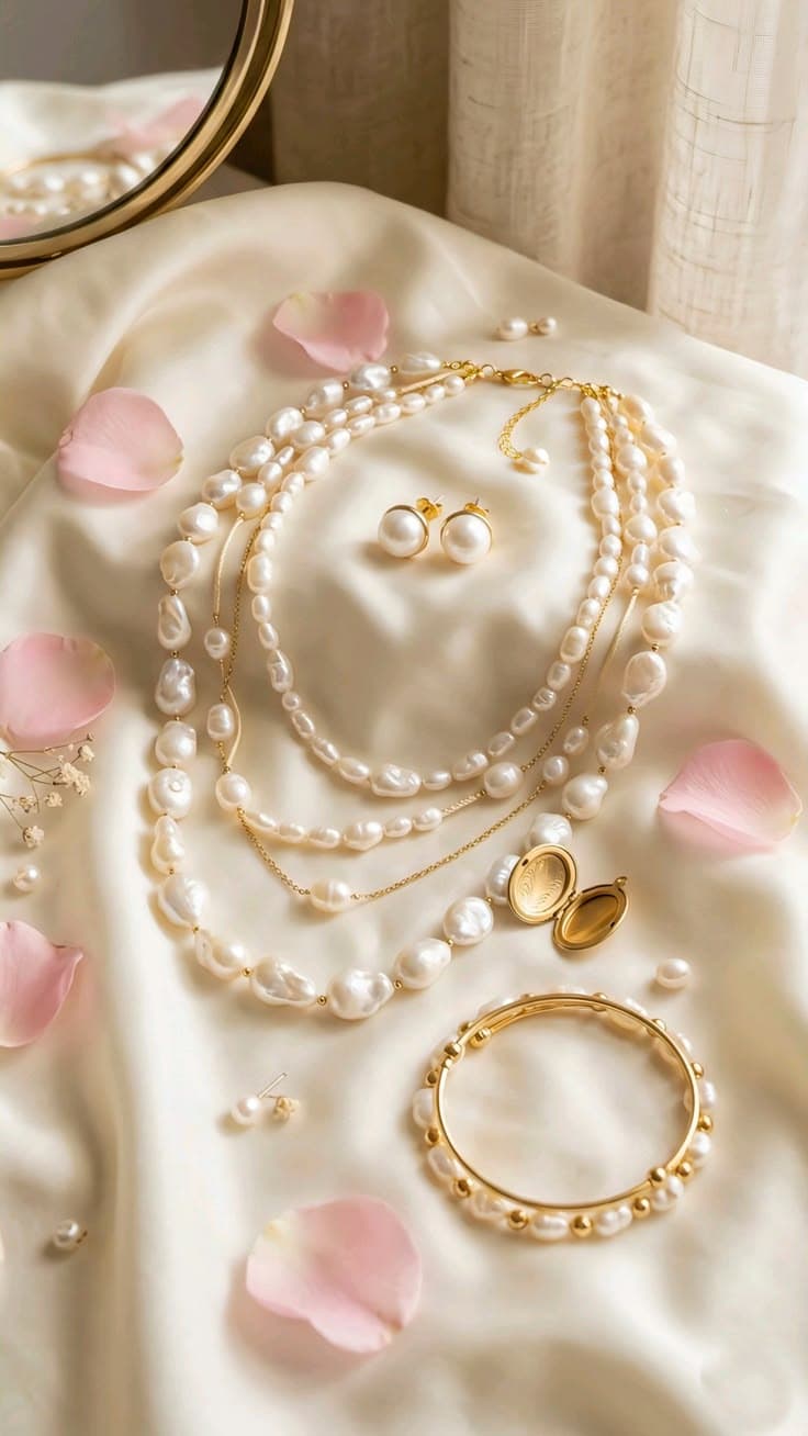 Iridescent baroque pearls with a soft rainbow sheen on pale lavender silk