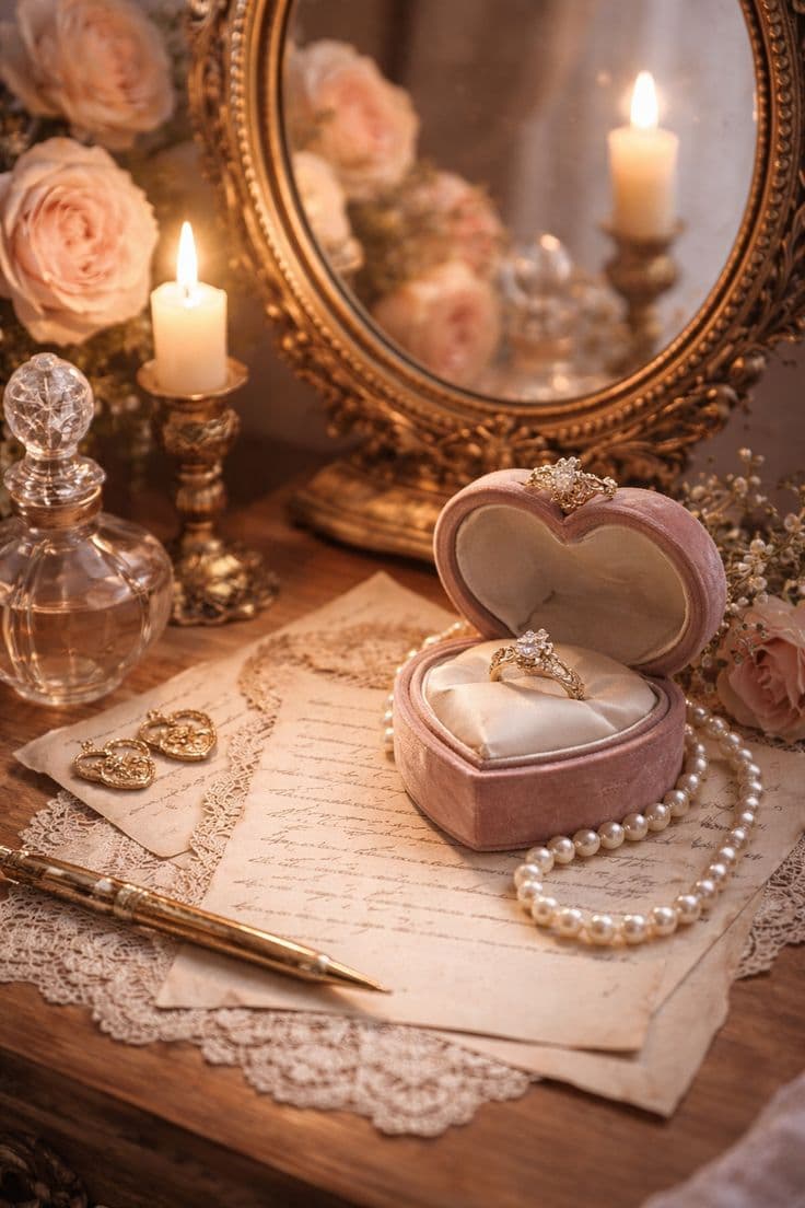 A single white swan feather resting on silver lake water beside a strand of freshwater pearls